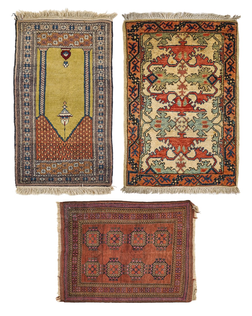 Three Late 20th c Scatter Rugs: Three late 20th c scatter rugs- Persian Serapi 2' x 2' 11", Afghani prayer 2' x 3' 4", Afghani scatter 3' 1" x 3' 10"