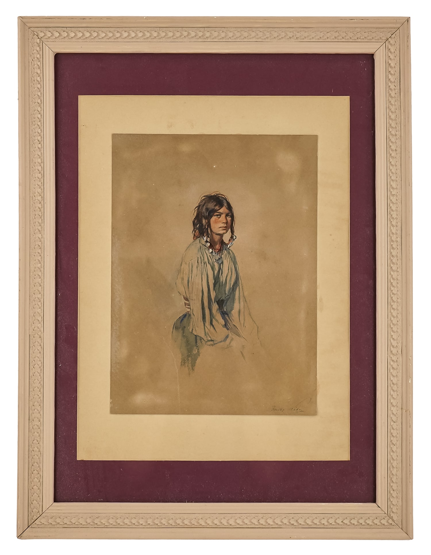 Berta Grafin Nako (RO 1820-1882) Portrait of a Romani Girl: Berta Grafin Nako- also known as Berta Gyertyanffy or Nako Kalmanne (Romanian 1820-1882) Portrait of a Young Romani woman watercolor and gouache on paper signed lower right sheet 12 x 8.5" 22 x 16.5"
