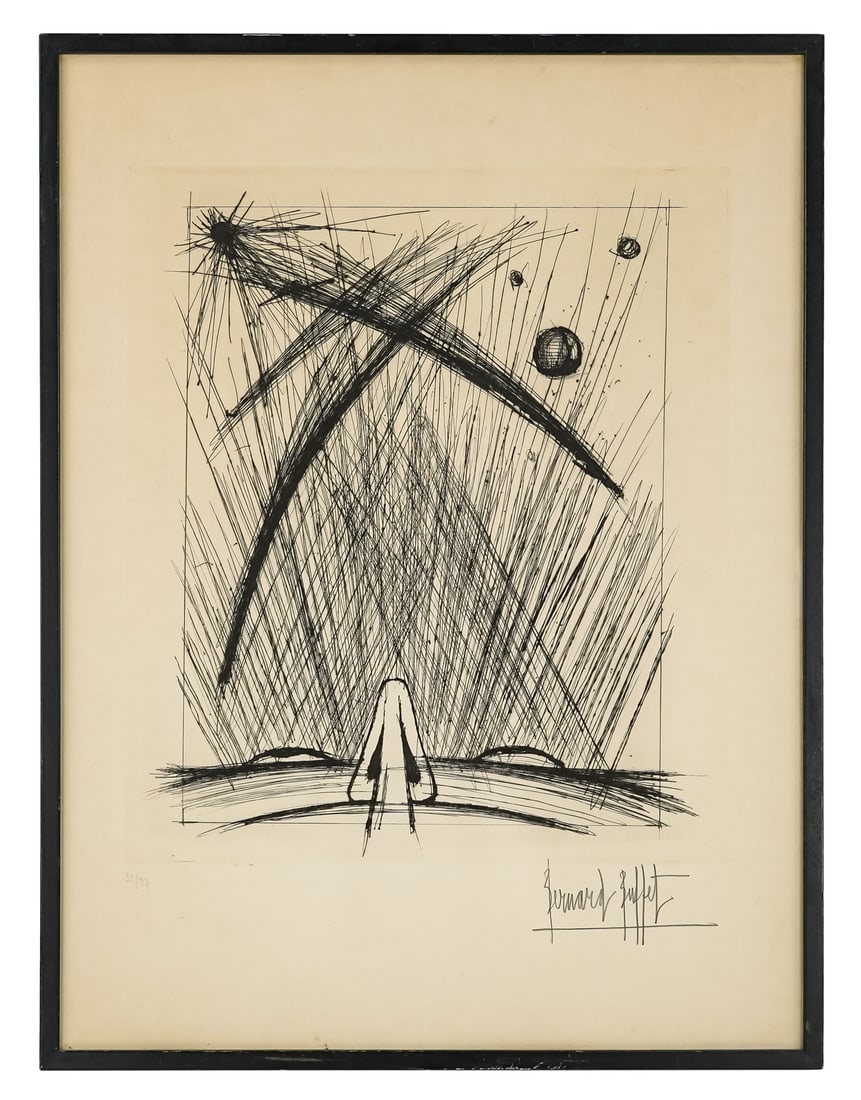Bernard Buffet (FR 1928-1999) Voyages Fantastique: Bernard Buffet (French 1928-1999) Voyages Fantastiques - Drypoint on paper signed lower margin 31/37 plate 17 x 15" 25 x 19" as framed. Buffet was a prolific French Expressionist painter known for