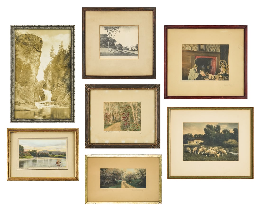 Hand colored photos and landscape prints: Hand Colored photos and some landscape prints including Bicknell of Winooski Valley, several Wallace Nuttings Edward Sanborn etc seven pieces 6 x 7" 16 x 20" as framed.