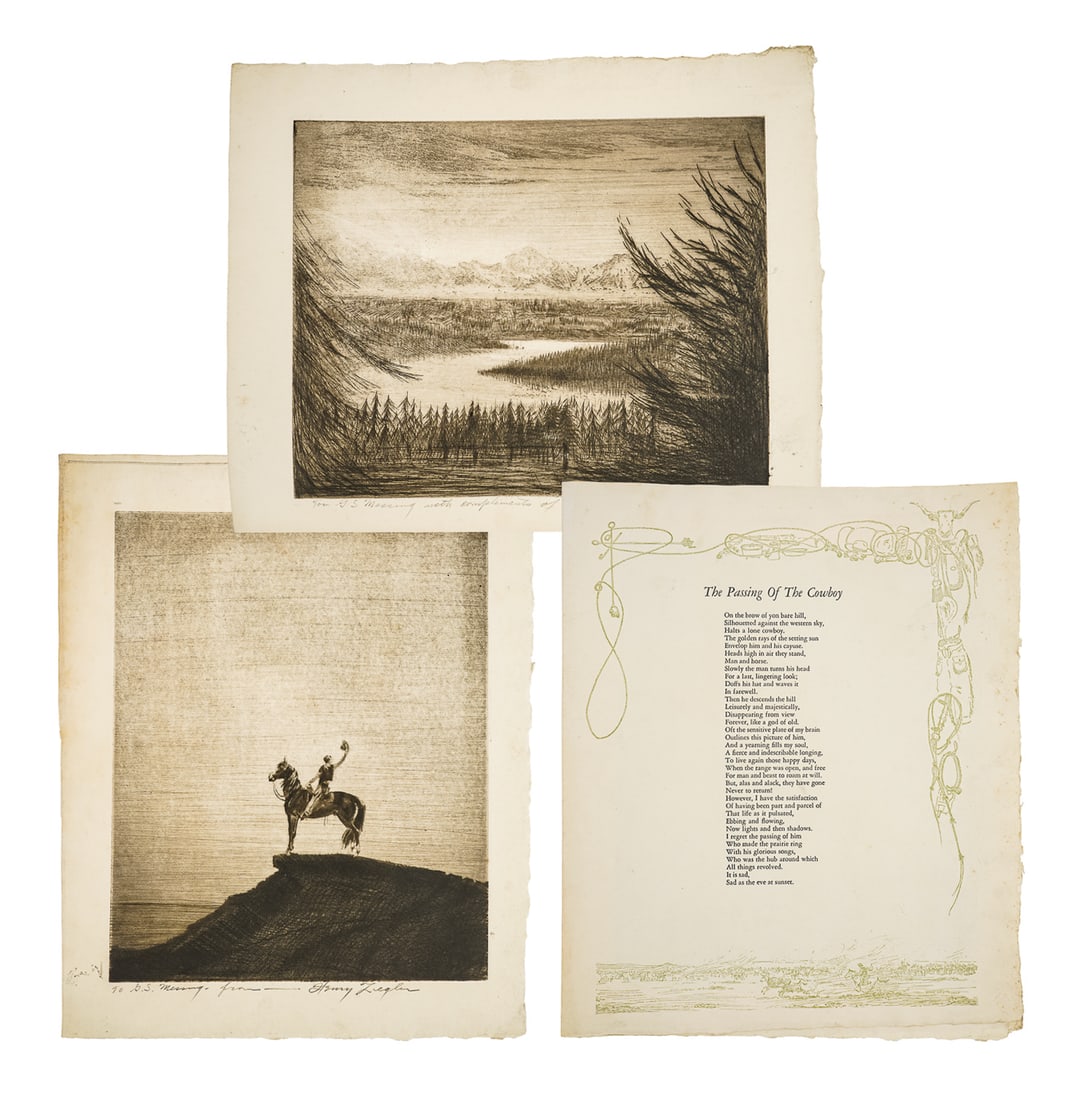 Henry Ziegler (AM 1889-1968) Passing of the Cowboy: Henry Ziegler (American 1889-1968) Passing of the cowboy engraving on paper, unissued with original cover, signed lower margin sheet 12 x 10"