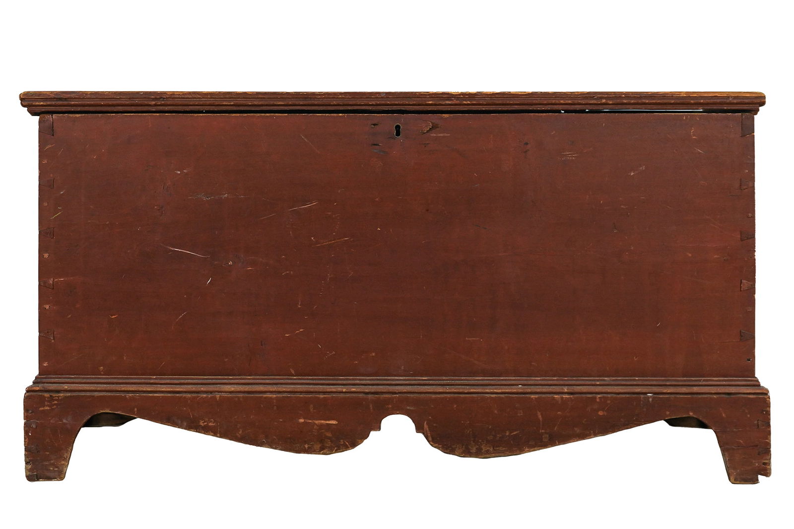 Red Painted 19th c Chippendale Blanket Chest: Late 18th or early 19th c Chippendale dovetailed blanket chest with bracket base in old red paint minor age check, wear as expected. 20 x 39 x 17"