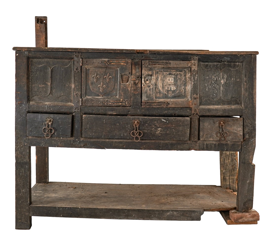 Large 17th c walnut Court Cupboard: Large 17th c Continental walnut court cabinet as found. with carved doors . Losses, damage and weakened wood as shown. (Note there is a degree of instability with this piece and it will need special a