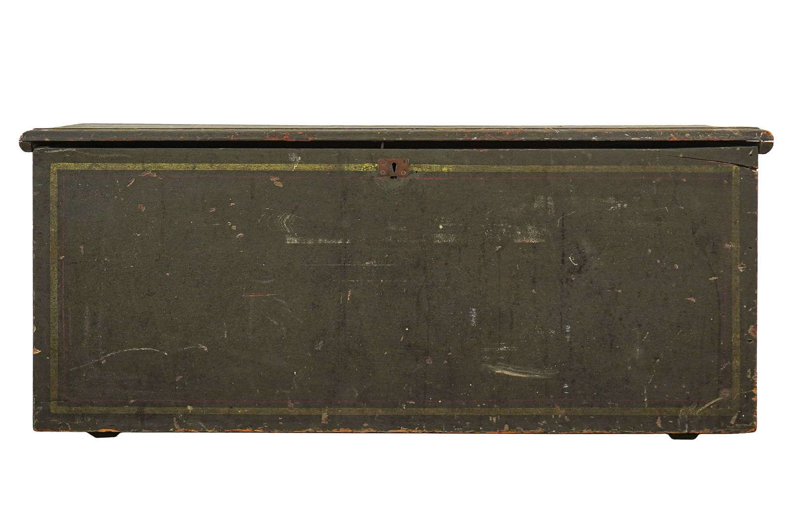 19th c Pine Blanket box in dark green: nice 19th c Pine blanket box in an oxidized original olive green paint with traces of original yellow and red pinstriping six board nailed construction with original till intact. 19 x 44 x 17"