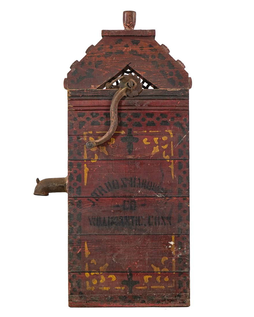 19thc Chain Pump with Polychrome decorated case: Unusual rustic 19th c hand cranked ratcheting chain pump marked Jardos (?) Hardware co Willimantic Conn. with stamped paint decoration. 43 x 18 x 8"