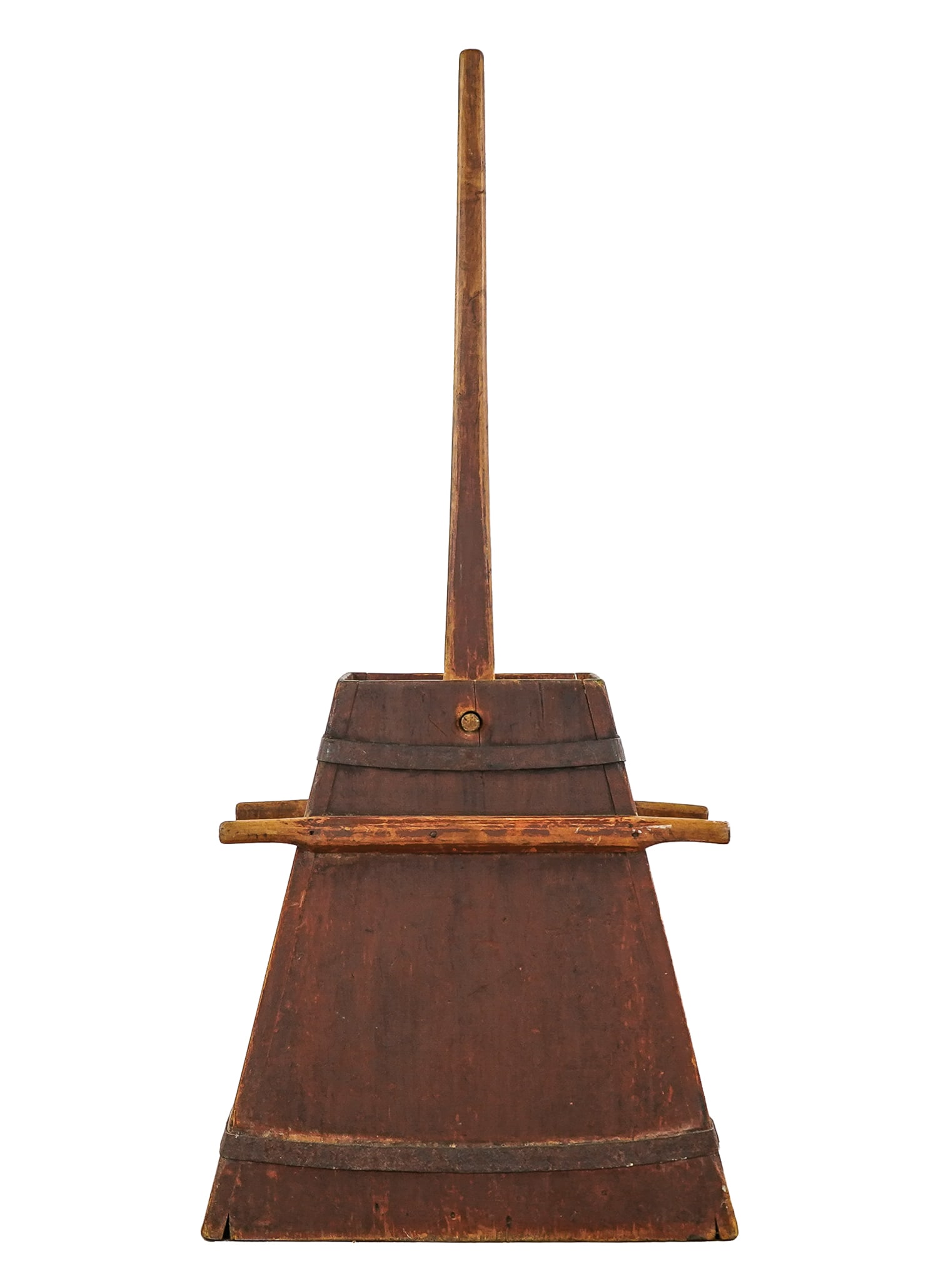 19th c Swing paddle churn: 19th c Swing paddle washing churn- Trapezoidal coopered churn with wrought iron banding. Handles for carrying. etc. in old red finish. body measures 25 x 23 x 9" 53" tall when assembled.