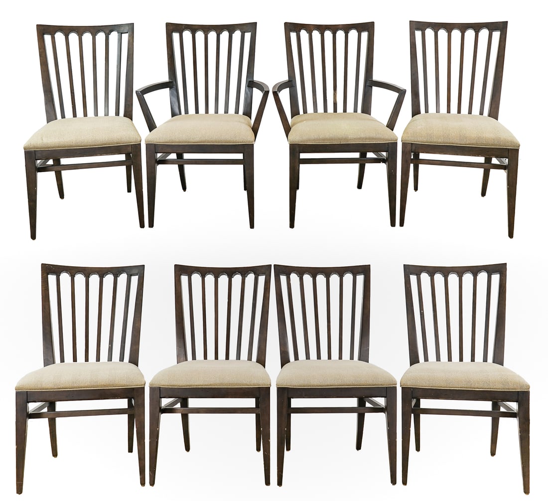 Eight Ethan Allen "Benham" Dining Chairs: Eight Benham by Ethan Allen casual international dining chairs , These hepplewhite inspired modern chairs have very clean and tasteful herringbone tweed upholstery- six side chairs and two arm chairs