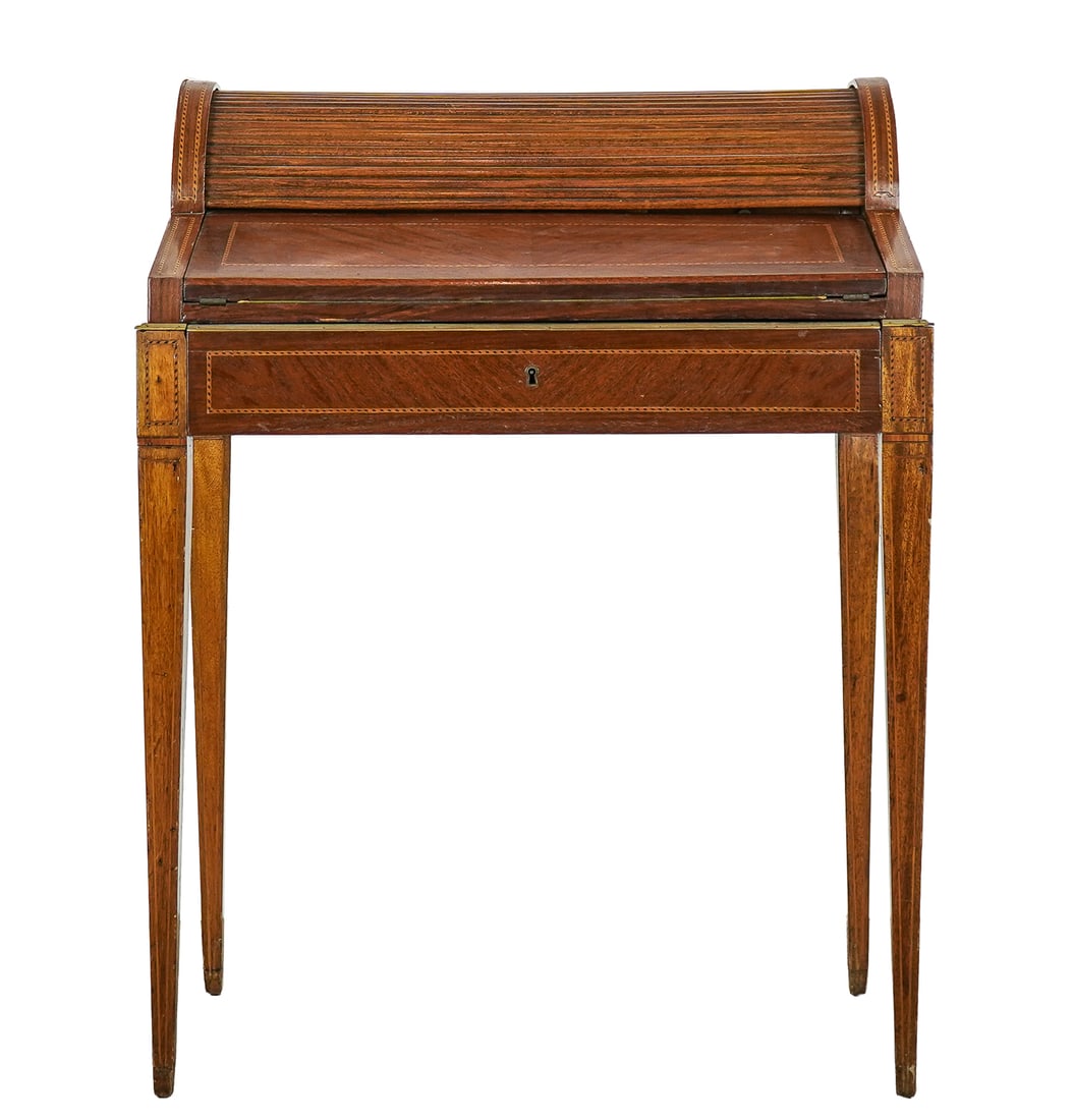 Circa 1900 Automatic Roll Ladies Writing desk: Unusual Mahogany and oak cylinder desk, when the large central drawer is opened the roll retracts exposing the interior with three smaller drawers. desk is tastefully appointed with candy cane inlay,