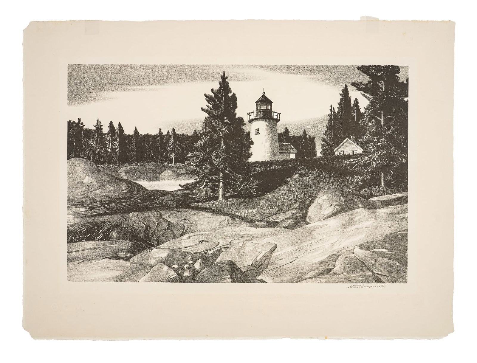 Stow Wengenroth (1906-1978) Inlet Light: Stow Wengenroth (American 1906-1978) Inlet light lithograph on paper signed lower margin, plate 8 x 13" 12 x 16" sheet. Wengenroth was once called "America's greatest living artist working in black