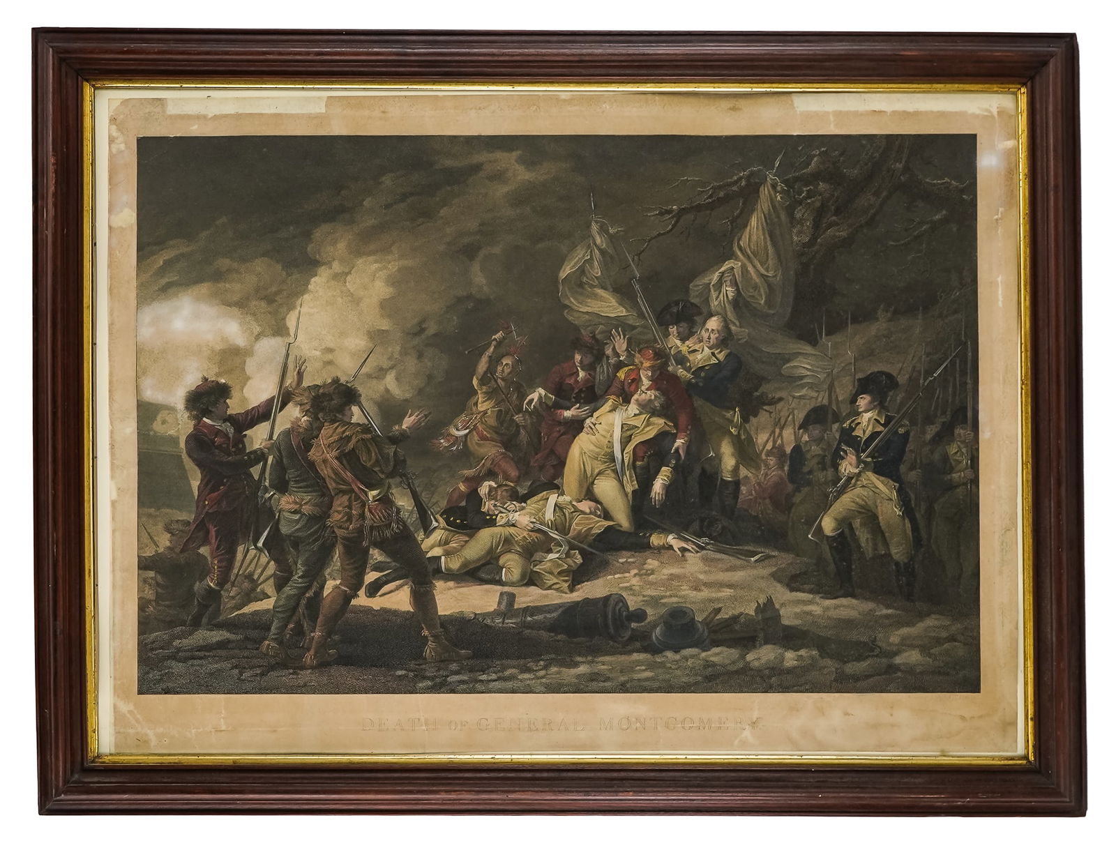 Death of General Montgomery: 19th c English hand colored Mezzotint Death of General montgomery,Losses and tears around margin, in black walnut frame. plate 20 x 30" 28 x 38" as framed. After painting by John Trumbull General