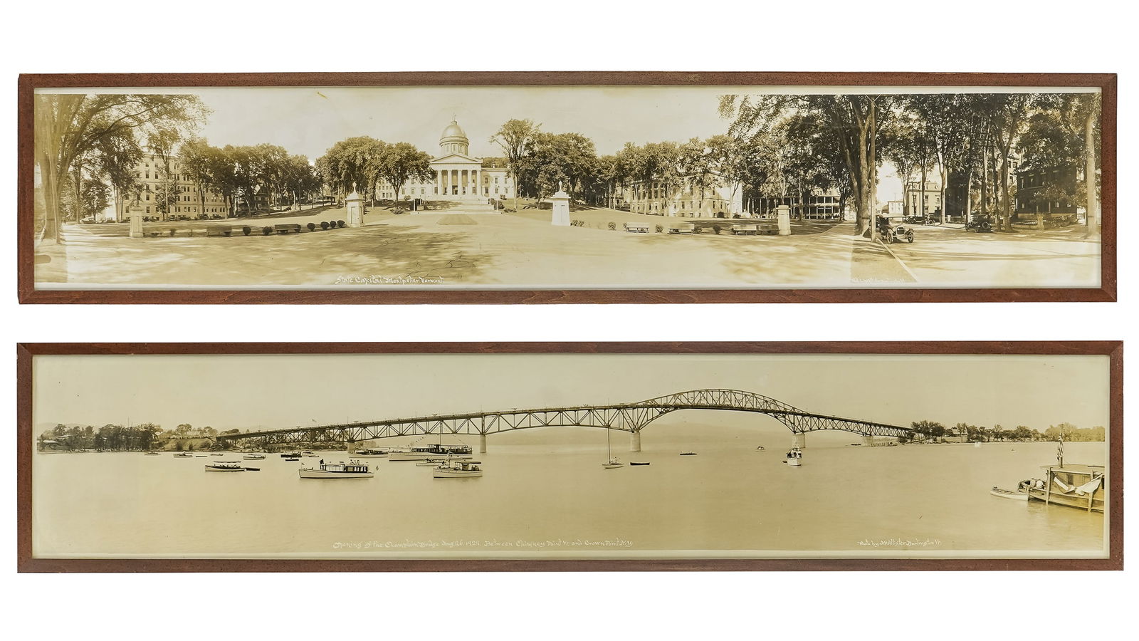 Louis McAllister (VT 1876-1963) Conference of Older Boys 1924: Louis McAllister (Vermont 1876-1963) Two Panoramic landscape photos- Opening of the Champlain Bridge Aug 26 1929 Between Chimney Point Vt and Crown Point NY and State Capital Montpelier VT (undated