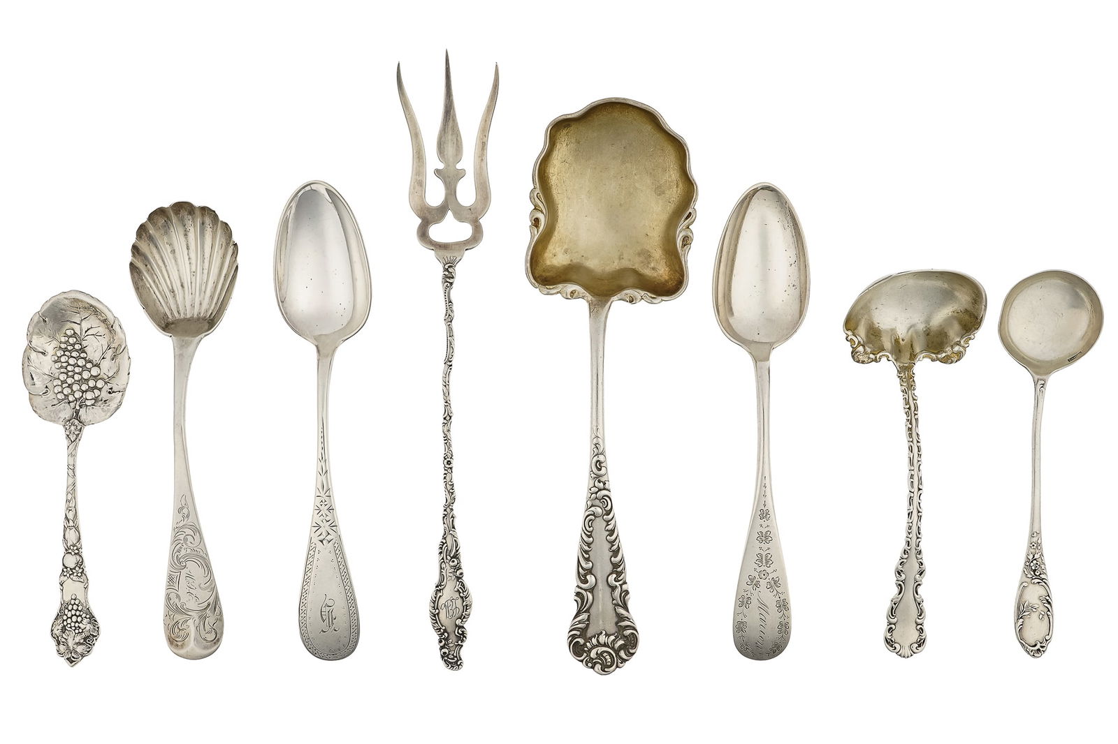 8 pcs Victorian Sterling and Coin Silver Flatware: 8 pcs. of Victorian sterling and coin silver flatware including Durgin lettuce fork, Whiting "Louis XV" sauce ladle, Shreve, Crump and Low bright cut tablespoon, C.A.W. Crosby engraved tablespoon,