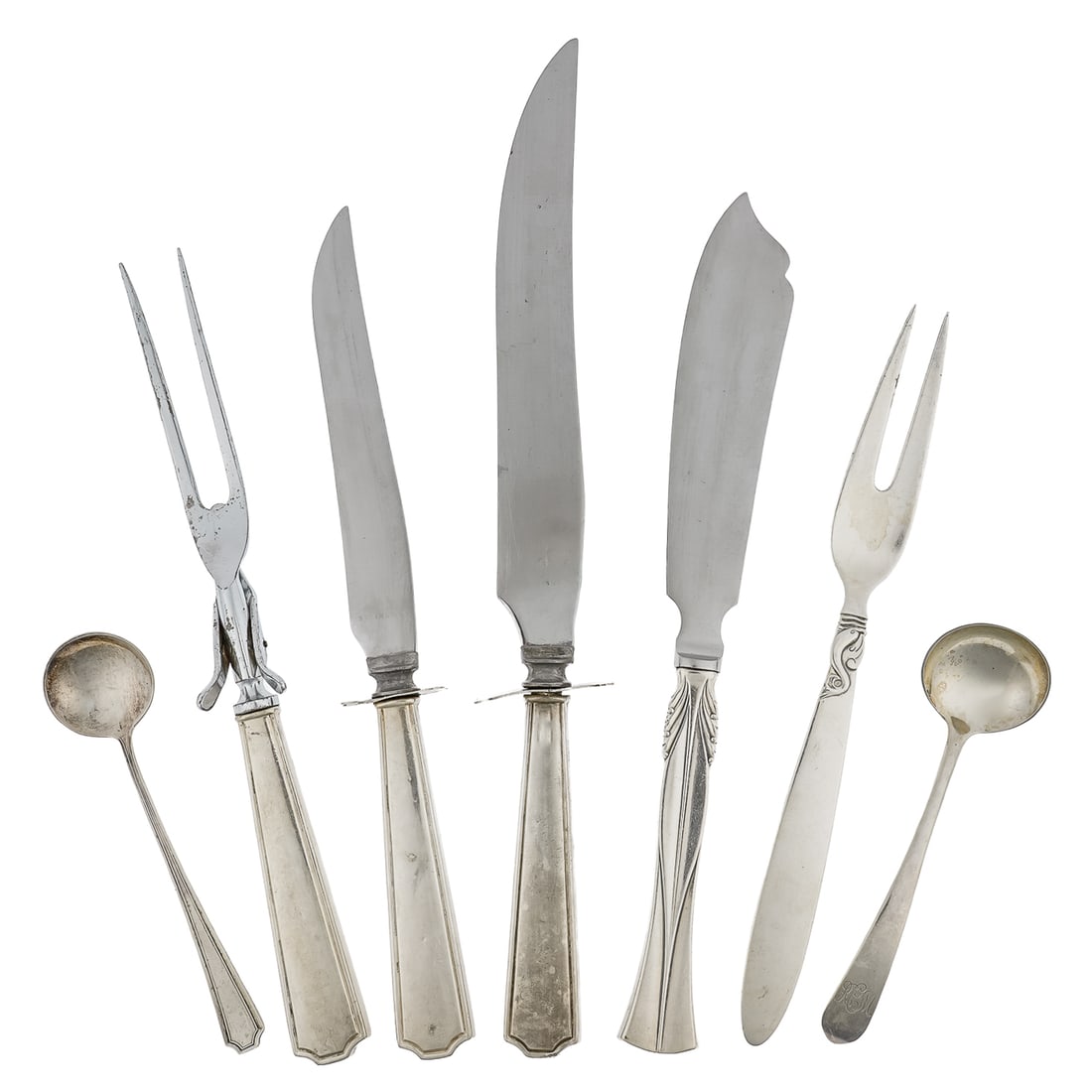 7 pcs. Sterling Silver Flatware: 7 pcs. of Sterling silver serving flatware including a 3 pc. carving set, a Frighast Denmark fork and fish serving knife with stainless steel blade, and two sauce ladles, 5.5"-13" 4.3 ozt. weighable