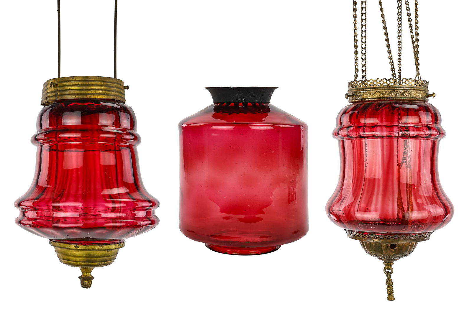 3 Victorian Cranberry Glass Pendant Light Shades: Group of 3 Victorian cranberry glass pendant light fixtures -one with check and chip under collar 8"-20" -some elements possibly absent