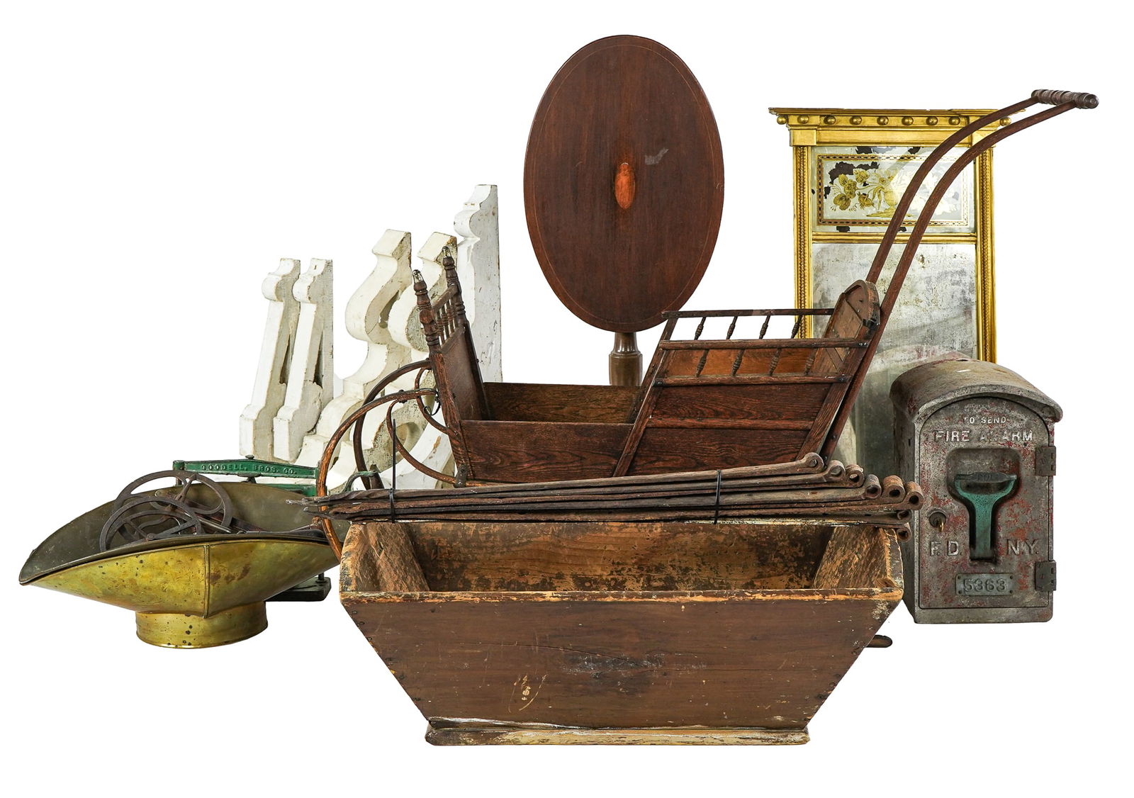 Primitives & Americana: A group of primitives and Americana including a 19th c push sled, a Federal gilt split panel mirror with original glass, & flower & urn eglomise panel (losses), 2 pair of Victorian corner