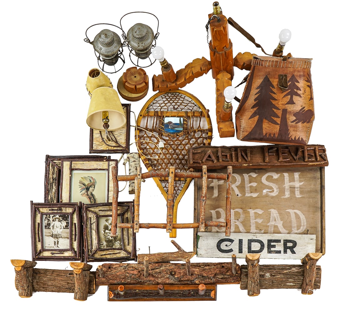Collection of Adirondack Accessories: A collection of Adirondack decorative accessories including several twig coat racks, brackets, snowshoe coat rack. 5 birch bark frames. Algonquin birch bark backpack with silhouettes of animals and