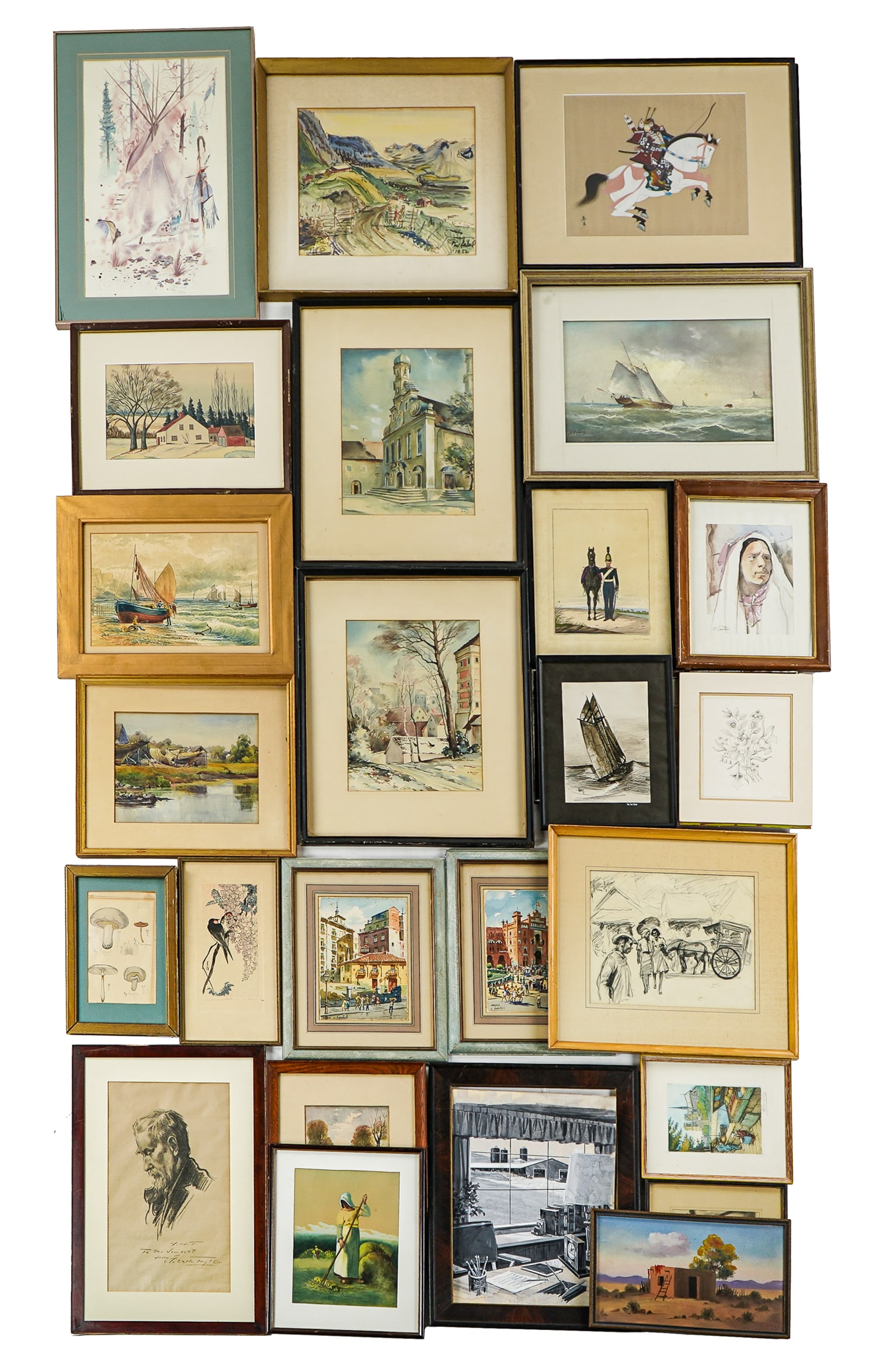 Large Estate lot of Framed Prints and Artwork: Large estate lot of framed prints and artwork including Sanchez Madrid Spanish cityscape watercolors, Japanese watercolors on silk, Southwest adobe Pueblo oil on board, watercolor of peasant