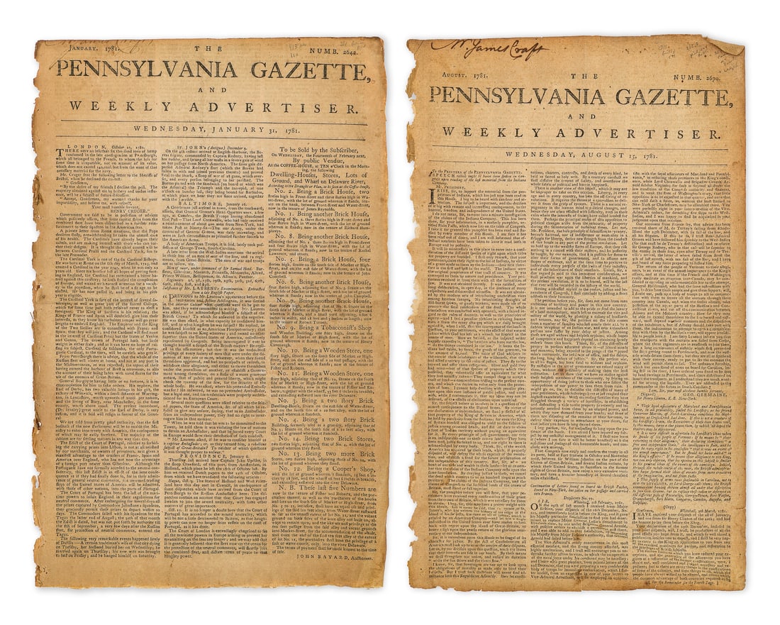(Benjamin Franklin) two 1781 Pennsylvania Gazettes: Jan 31, Aug 15, 1781 issues of The Pennsylvania Gazette and Weekly Advertiser (published by Hall & Sellers, Philadelphia newspaper owned by Benjamin Franklin from 1729 to 1766), including