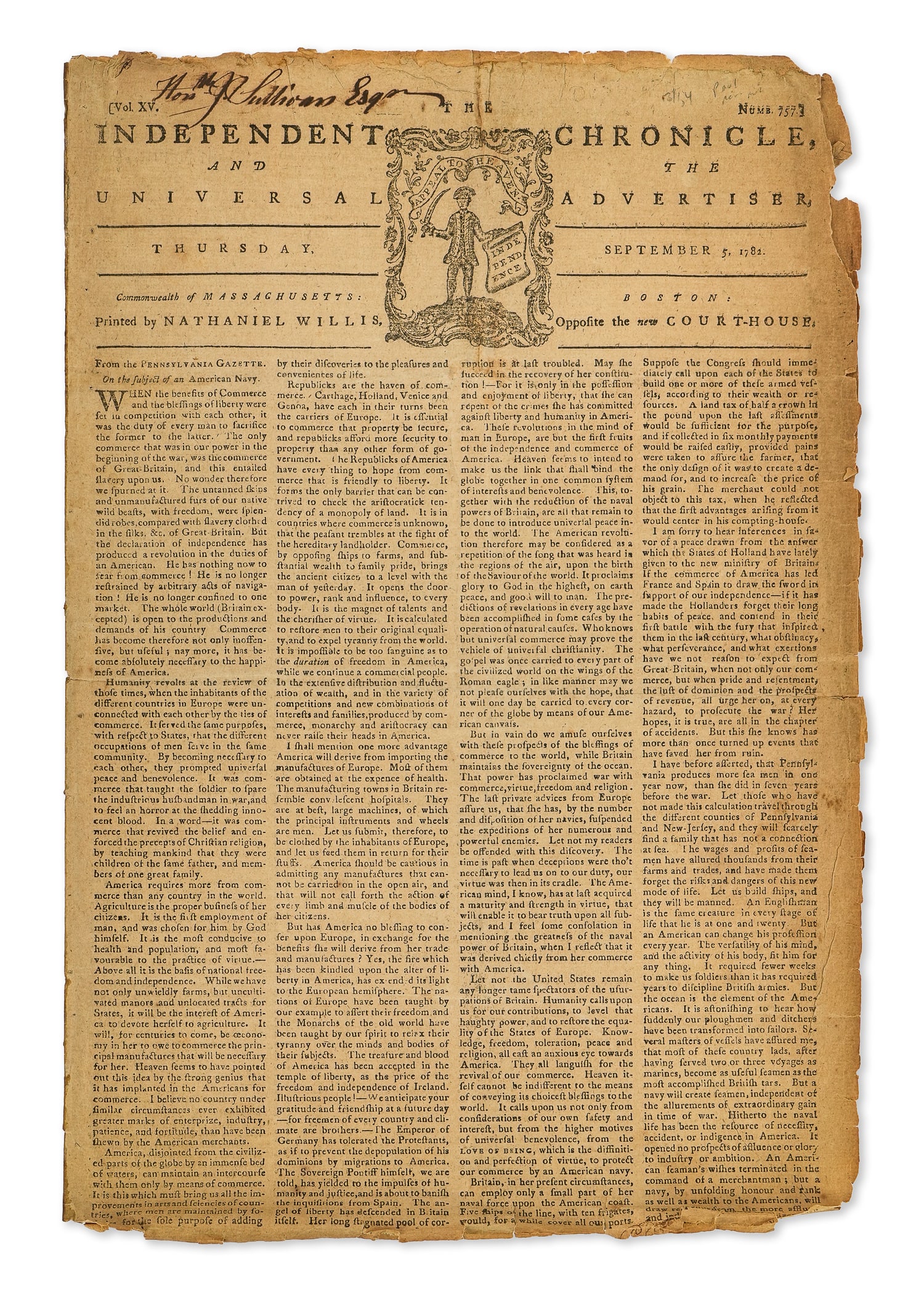(Paul Revere) 1781 Independent Chronicle: Sept 15, 1781 issue of The Independent Chronicle (published by Nathaniel Willis, Boston) with Paul Revere "Sword in Hand" woodcut on masthead, discussion of the situation of the Refugee Loyalists in