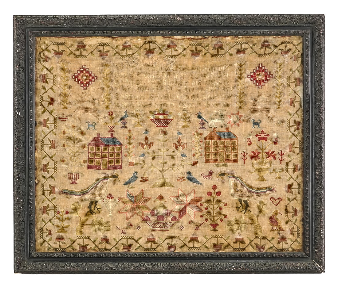 1827 American Schoolgirl Sampler: 1827 American schoolgirl sampler with deer, academy buildings, "Sarah Cook her work" and "1829" visible, mostly illegible verse, silk on linen, damage/ losses along upper edge and into top center