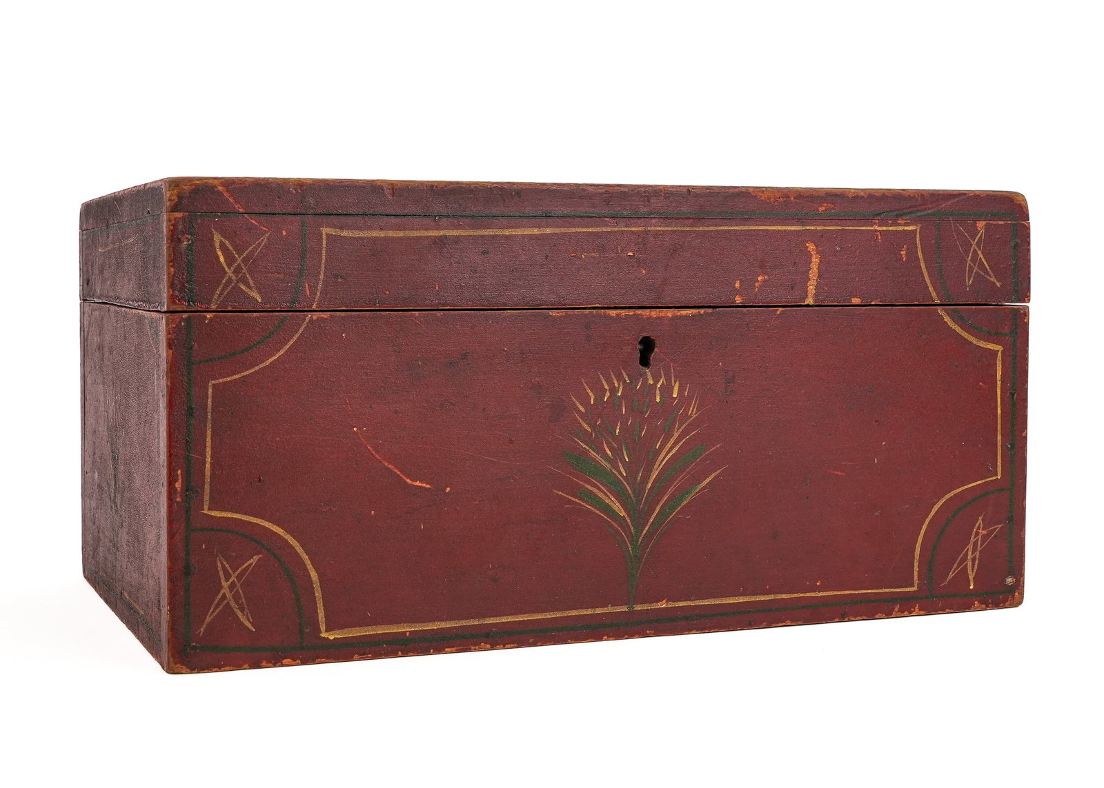 Small 19th c Paint Decorated Box: Small 19th c paint decorated box, red with pin-striping, basket on lid, good old untouched surface, 12" x 7" x 6"