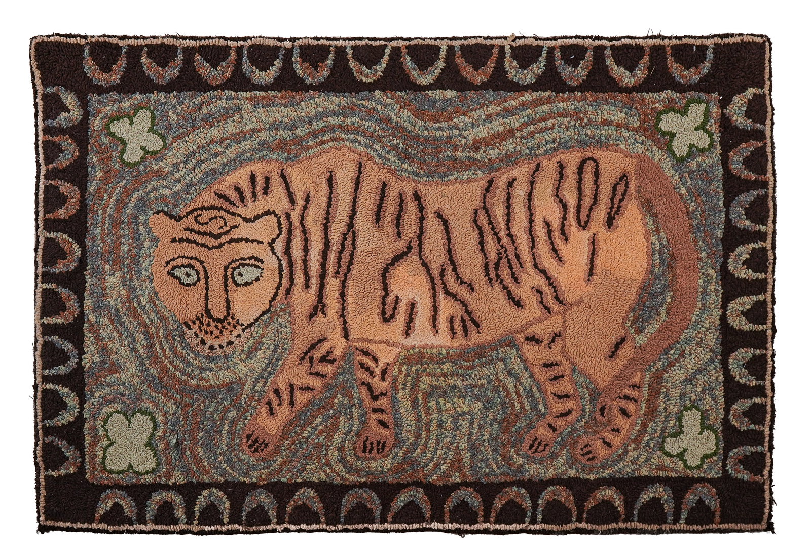 Frost Pattern Bengal Tiger Hooked Rug: Mid 19th c Frost pattern Bengal Tiger hooked rug (an enterprising Maine tin peddler, Edward Sands Frost, began selling stenciled patterns on burlap in the 1860's, by the time he sold his business in