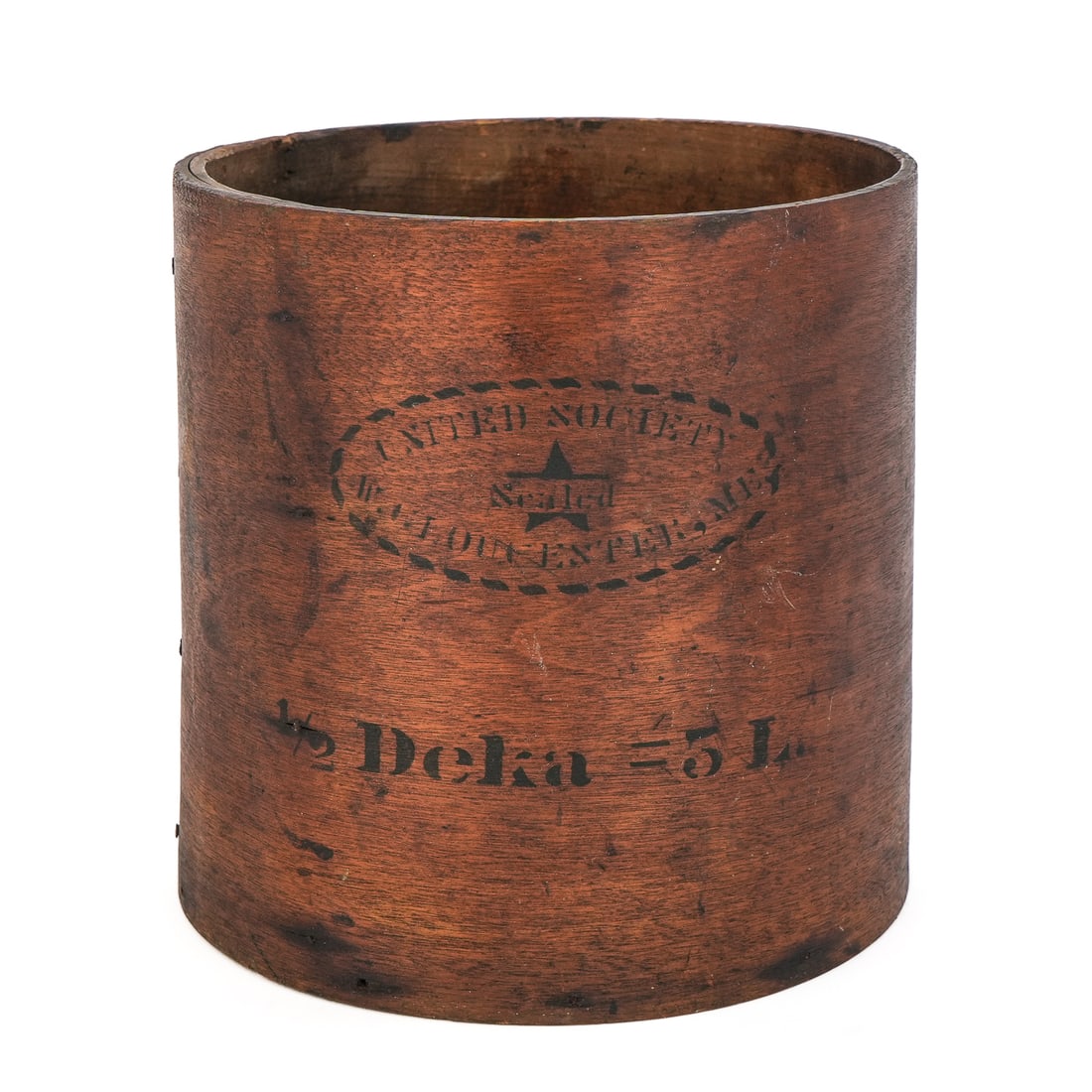 Shaker Grain Measure with Stencil: Shaker liquid measure with stenciled front "United Society (Sealed) West Gloucester, ME" and "1/2 Deka = 5 L" good condition (Dekaliter is 10 liters), likely for measuring bulk volumes of milk, ht 7