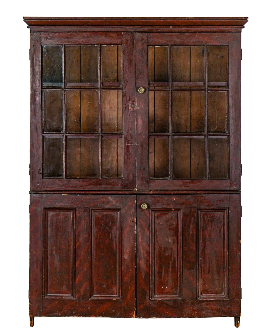 19th c grain Painted Glazed door cupboard: Mid 19th c New England Grain painted glazed door cupboard with two 9 pane doors with old glass, over two solid doors, original surface,72 x 51 x 19"