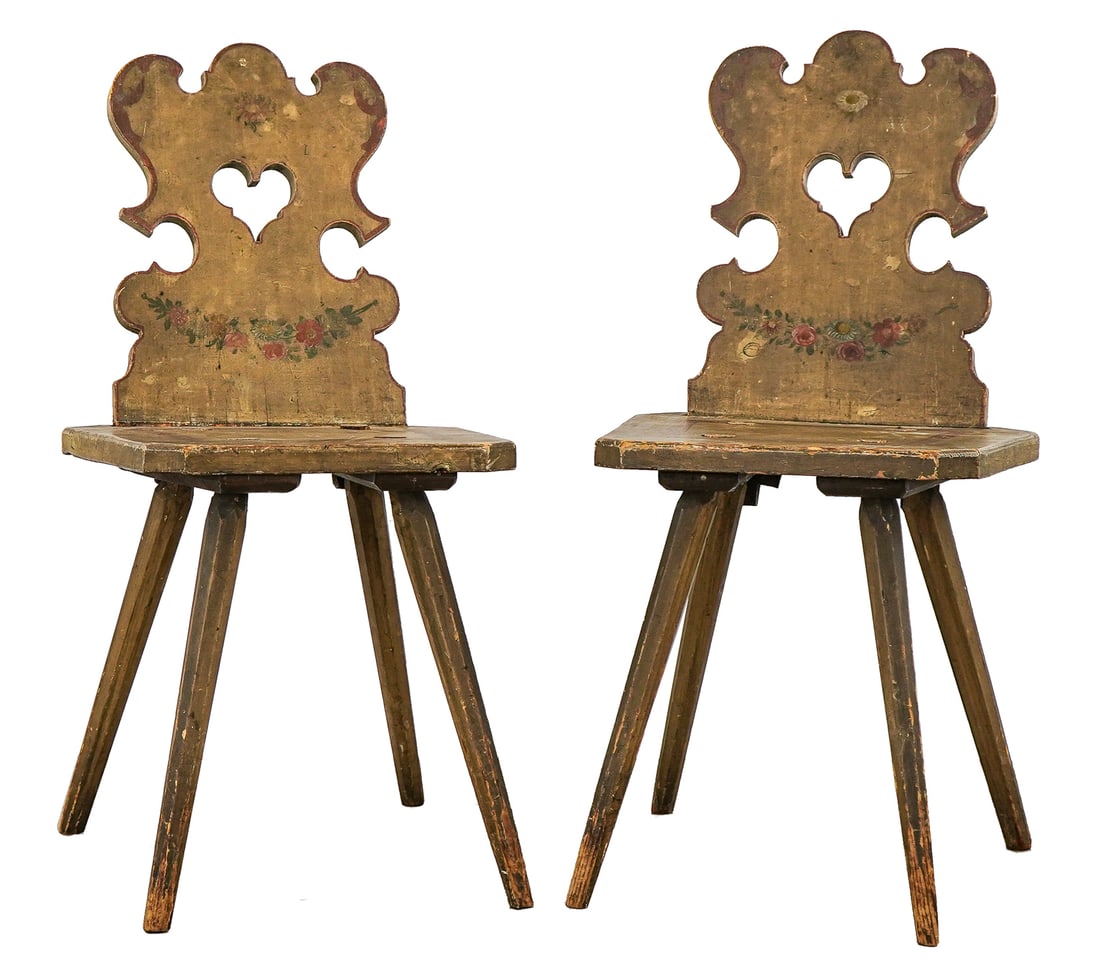 Pair Moravian Brennstuhl plank seat chairs in old paint.: Pair of Moriavian/ Pennsylvania Brennstuhl plank seat chairs in old grey paint, traces of floral and figural decoration mortise and tenon/ wedged construction, hand planed/ drawn elements- machined