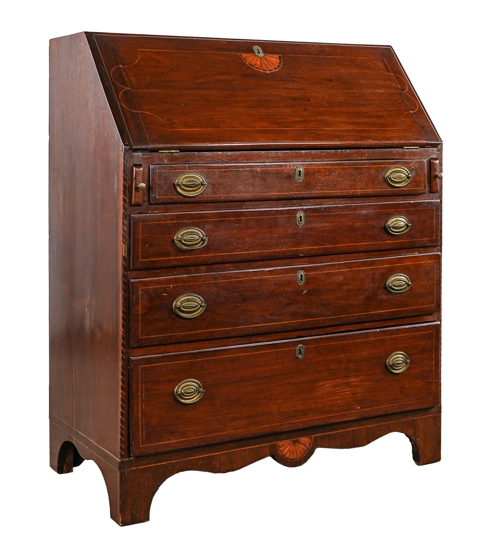 18th c MA Chippendale Mahogany inlaid slant front desk (1 of 8)