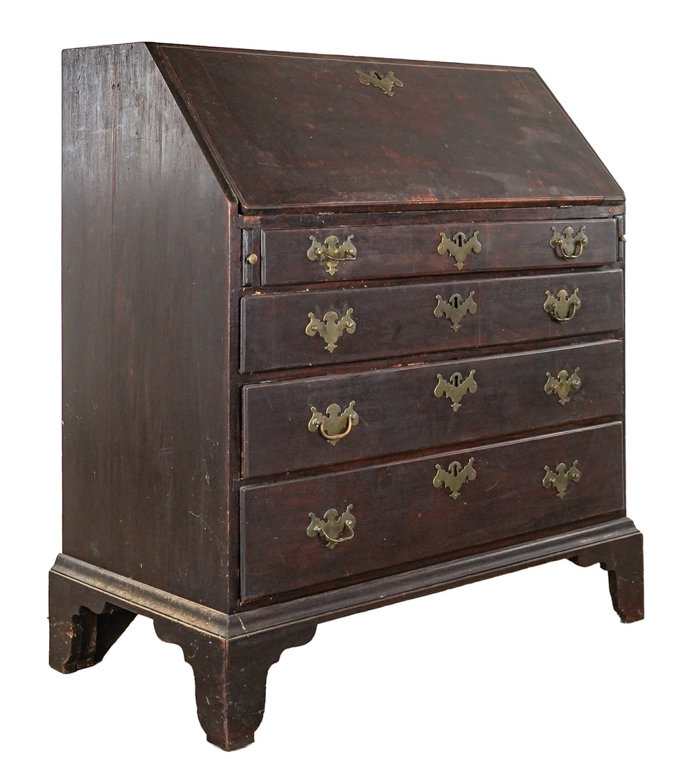18th c Chippendale Desk: 18th c Cherry Chippendale desk in dark old finish secret document compartment in scalloping. 41 x 36 x 19" losses to back foot.