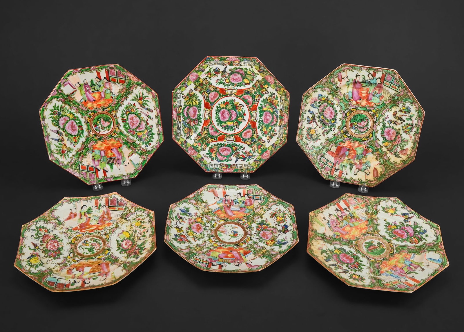 6 Chinese Rose Medallion Octagonal Dinner Plates: Set of 6 late 19th/early 20th c. Chinese Export Rose Medallion porcelain octagonal dinner plates having fine enameled decoration including butterflies, birds and scenic panels, ht. 1"-9" -some wear