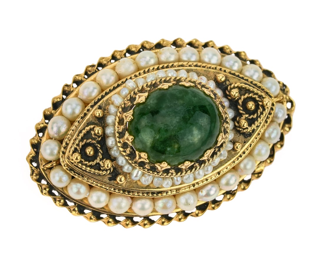 14k Seed Pearl & Jade Brooch: 14k yellow gold brooch pin with center cabochon deep green jade 13 mm x 11 mm, with two bands of seed pearls. 1 1/2" long, 1" wide. 8 grams t.w.