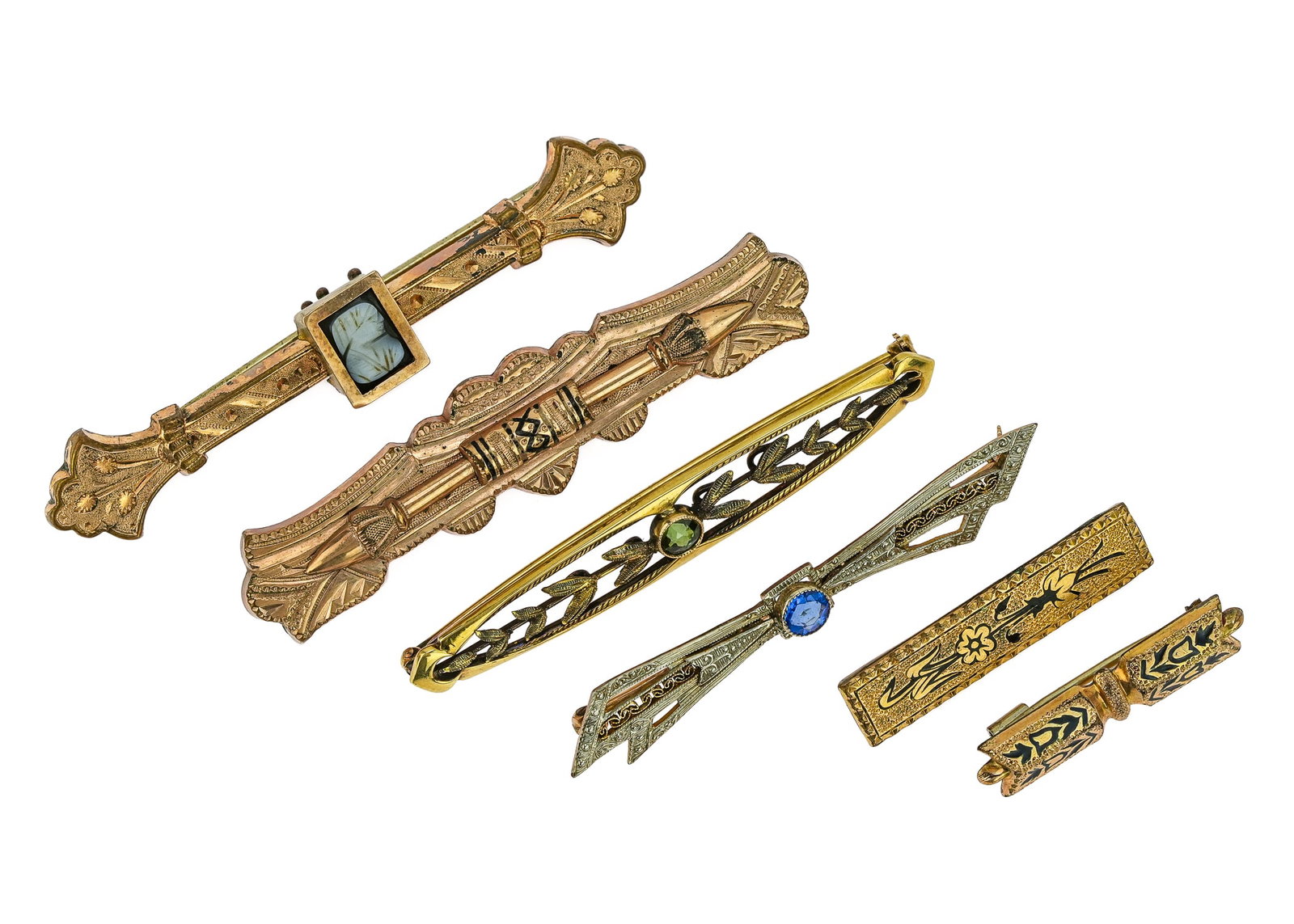 6 Victorian Bar Pins: 6 Victorian bar pins including 14k y.g. with acanthus design and center green tourmaline, 10k white gold bow tie form pin, 4 rolled gold bar pins including cameo & Aesthetic. 2 1/2" long to 1"long. 2