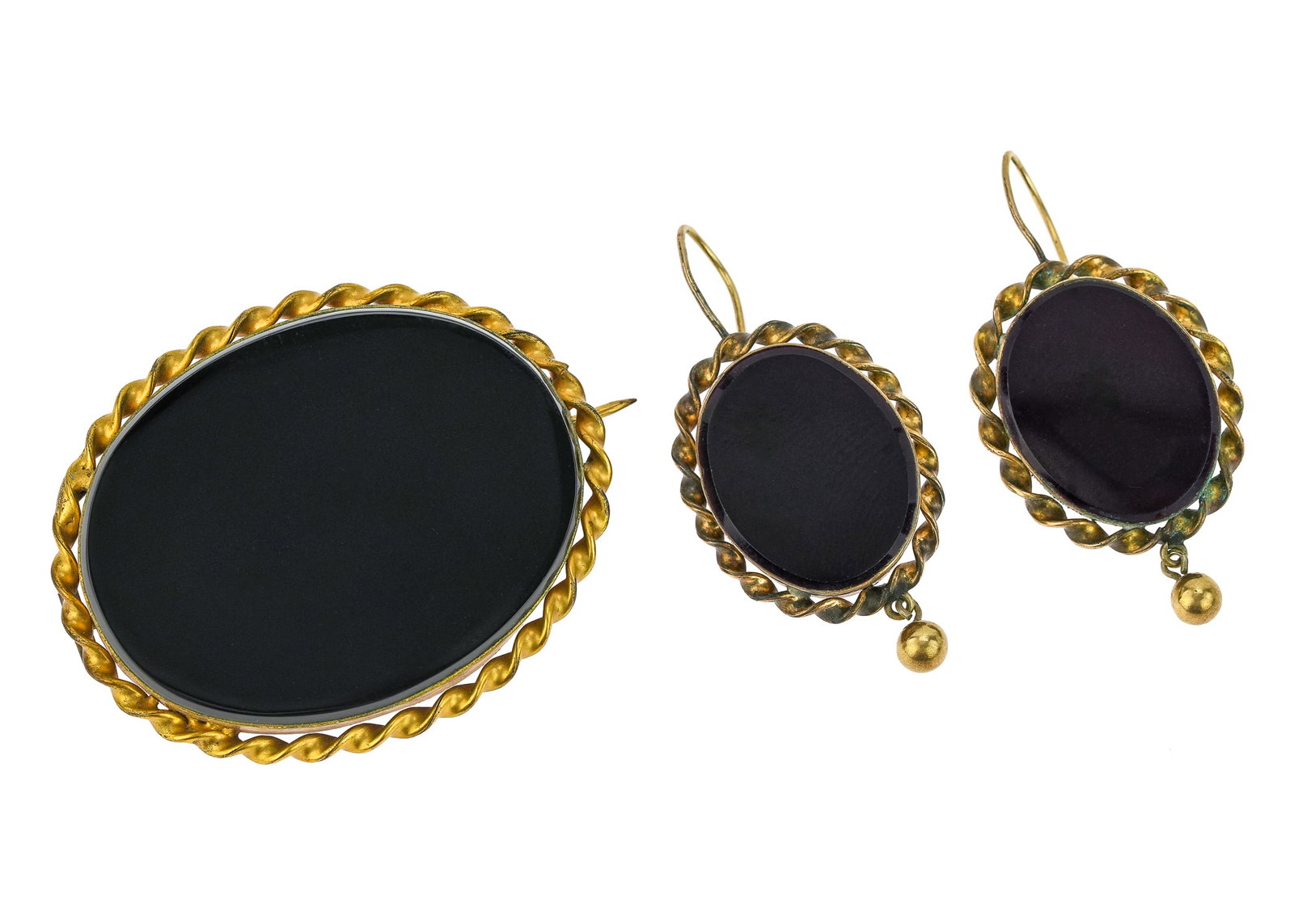 Victorian Onyx 3 Piece Set: 19th c Victorian onyx 3 piece set including oval brooch pin with rope twist surround, 2" x 1 1/2" with a pair of oval earrings with rope twist surround and drop bead, 1 3/8" x 7/8" not including hook.