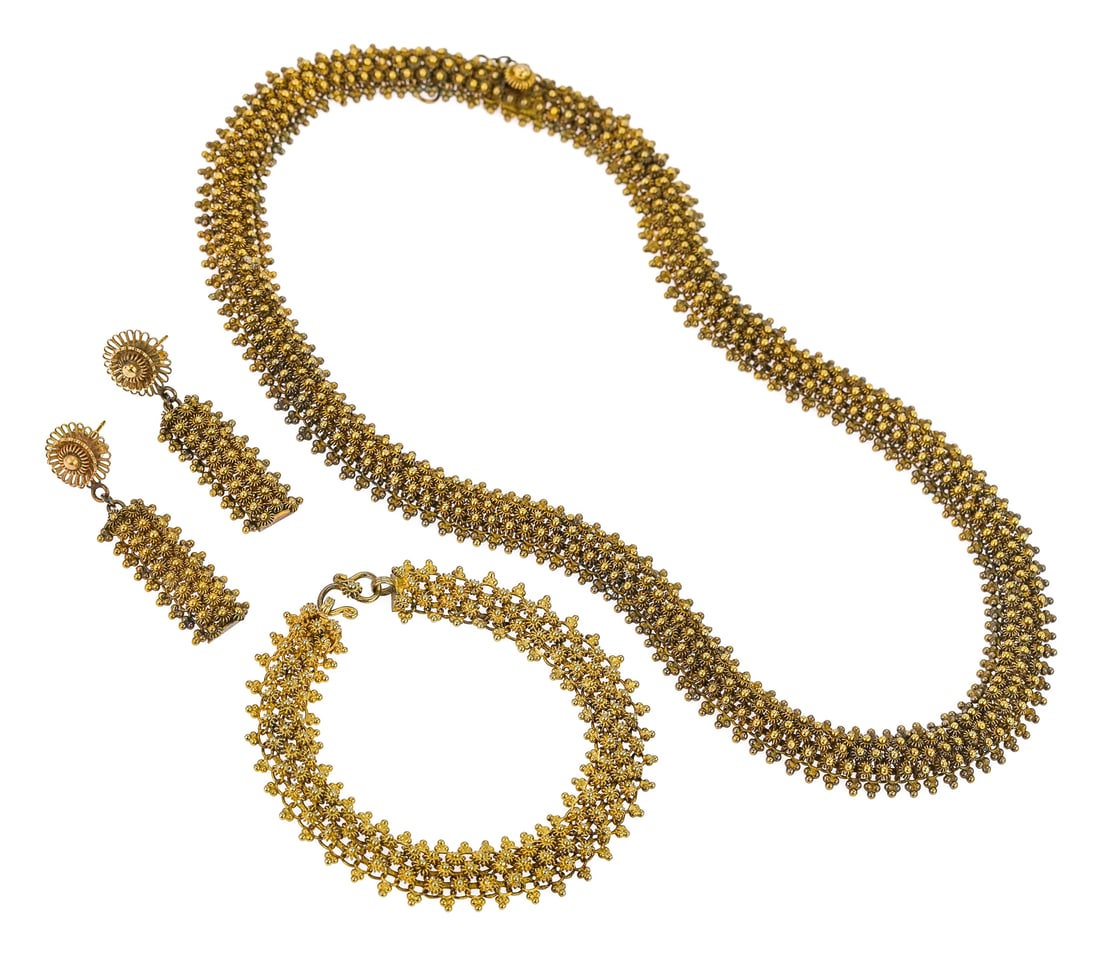 18k Victorian bead Choker, Earrings, & Bracelet: Victorian 18k yellow gold 4 piece set having 3 rows of decorated small beads with small 3 bead edge decoration. Includes a choker necklace 18" long, 1/2" wide. Bracelet approx. 7" long 1/2" wide. And