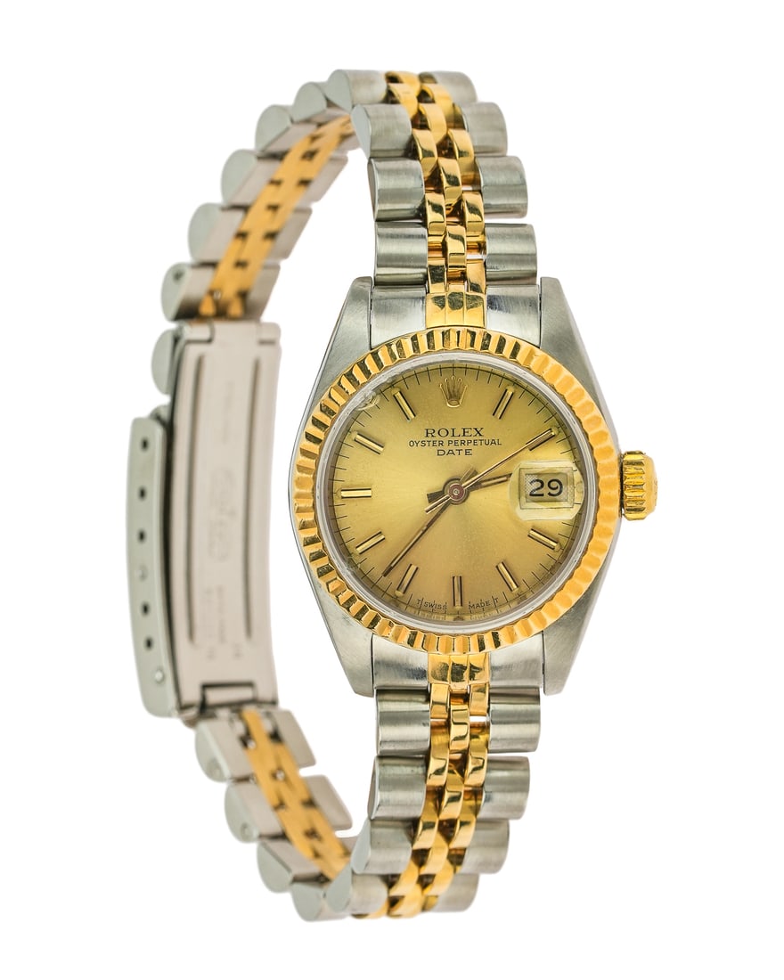 Ladies Rolex Oyster Perpetual Date Wrist Watch: Rolex 18k yellow gold & stainless steel Oyster Perpetual Date two tone wrist watch. 18k fluted bezel, date aperture, automatic, running condition, 62523D.18. J4 Bracelet link to case marked 468B, 26