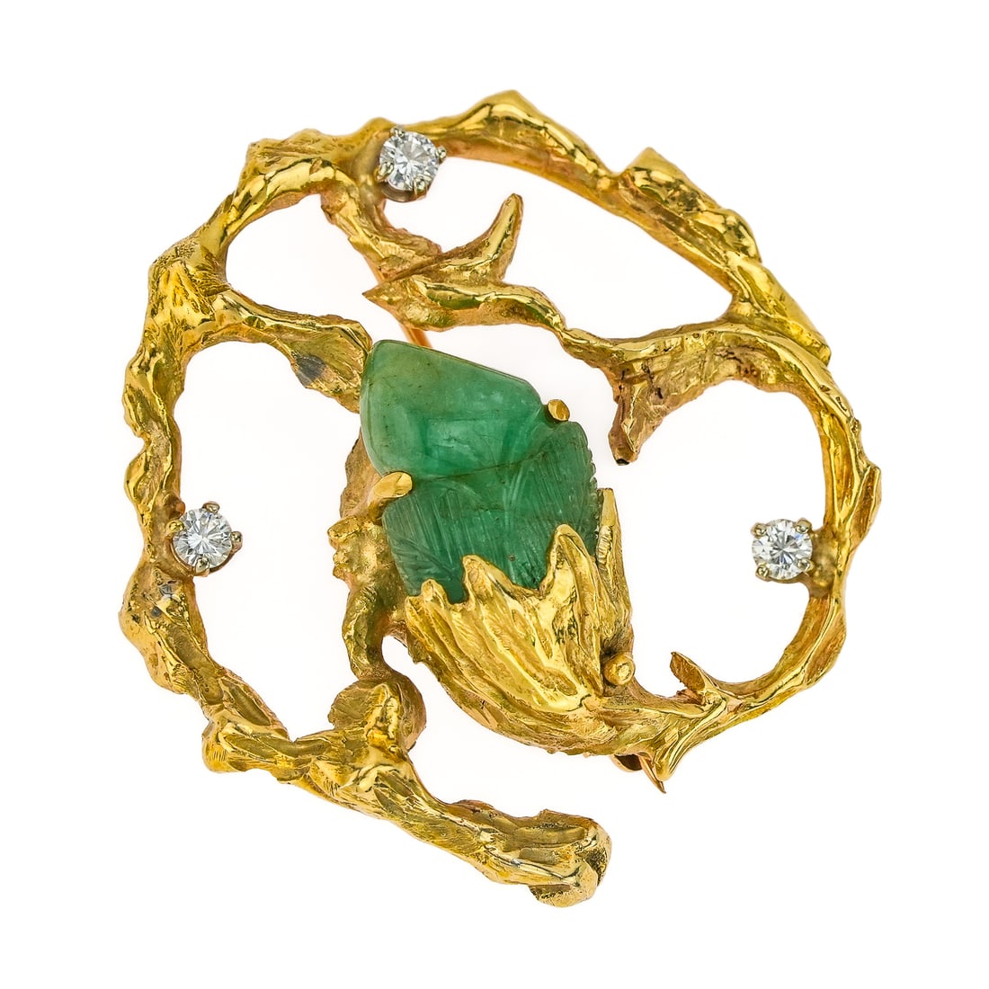 14k Diamond & Jade Brooch: 14k yellow gold brooch pin with modern tree limb design, 3 round cut .05 ct diamonds and fruit form carved jade 15 mm x 12 mm. 1 1/2" diameter. 22 grams t.w.