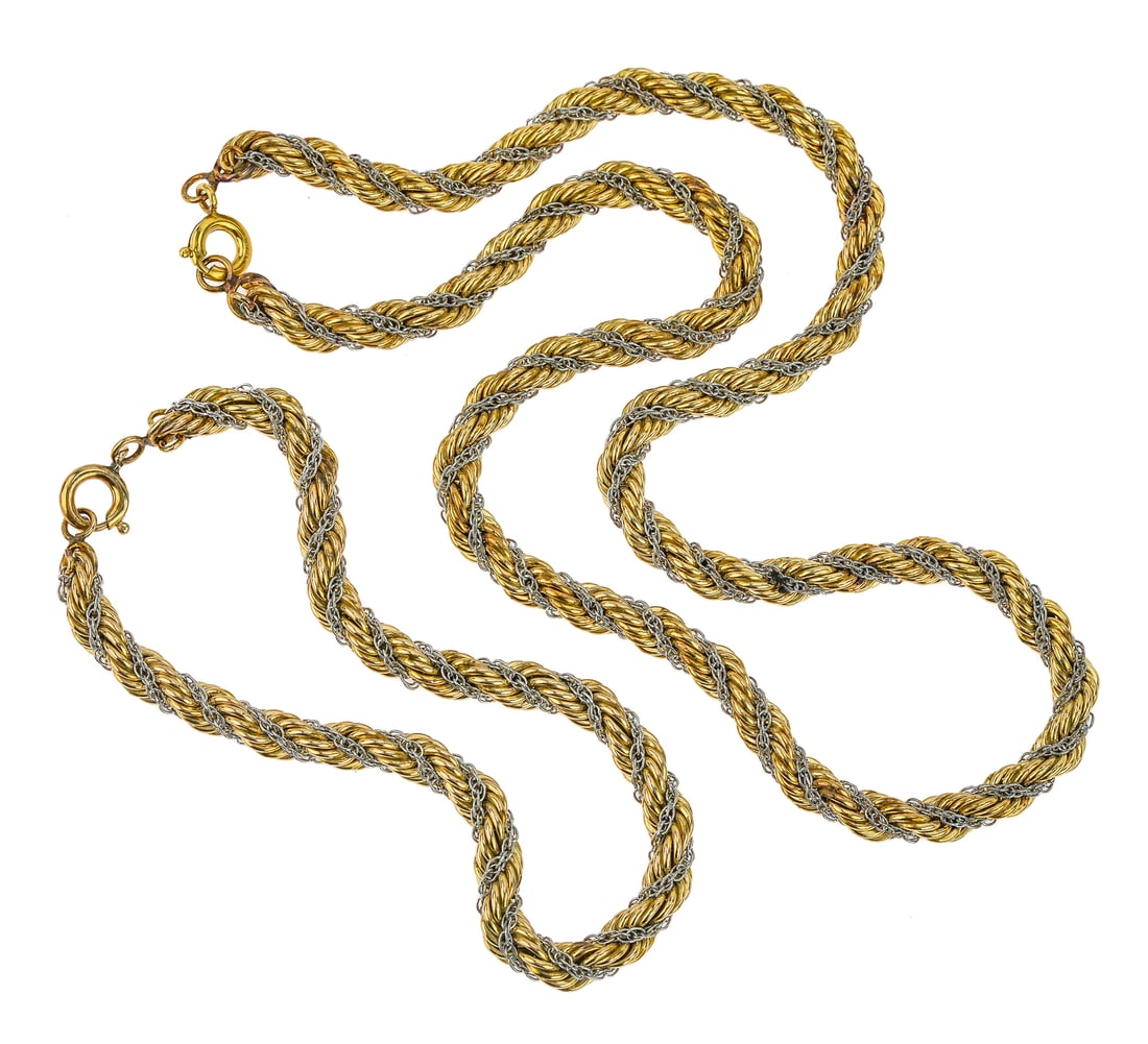 Silver & Gold Rope Choker & Bracelet: Sterling and rolled gold rope twisted bracelet and necklace. 15" long and 7" long.