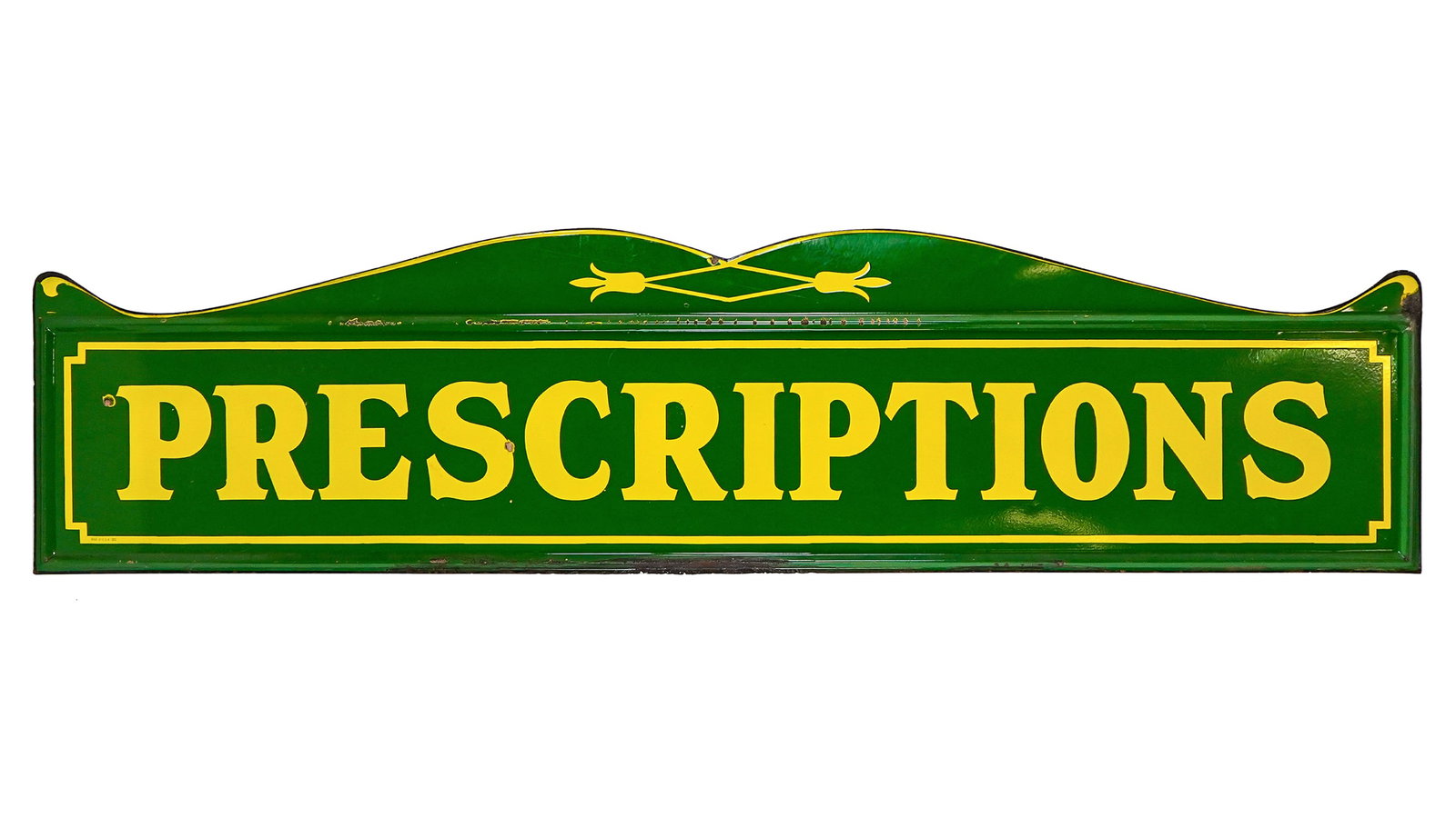 Porcelain " Prescriptions" trade sign: Large Porcelain "Prescriptions" Trade sign in green with yellow letters 24 x 96 x 1" some minor losses as shown, and corrosion along bottom - Likely Tennessee Enamel Manufacturing Made in USA 1933-