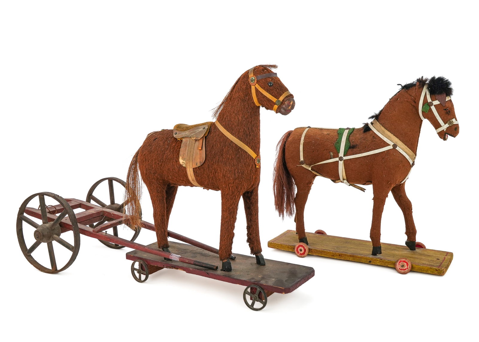Two 19th c Horse Pull Toys: Two 19th c pull toy horses, sold with a two wheeled cart, one shaft taped, horse 14" x 15" x 5", horse 13" x 16" x 5", cart 18" x 9" x 6"