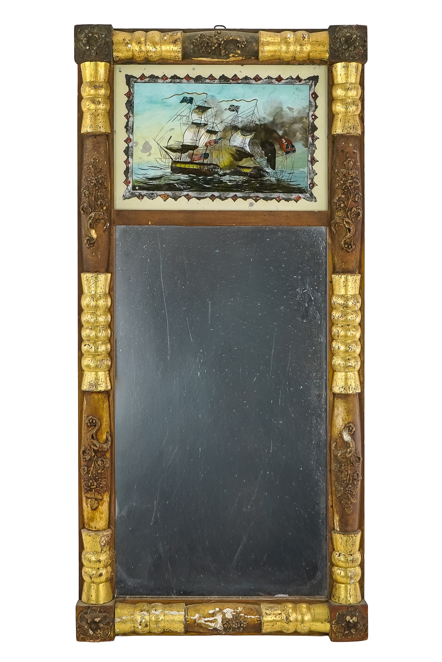 American Federal Split Panel Mirror: American Federal split column mirror with reverse painted glass panel depicting the War of 1812 naval battle between the U.S.S Constitution the the British H.M.S. Guerriere, minor flaking, overall 34"