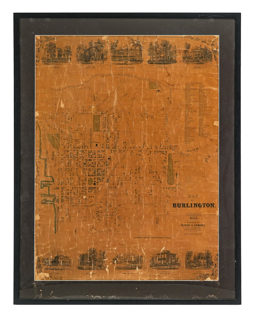 1853 Presdee & Edwards Map of Burlington VT: 1853 Presdee and Edwards map of Burlington VT- lacquered engraving on paper on linen. map of Burlington with 10 vignettes of important homes. 41 x 31" 49 x 38 x 1" as framed.