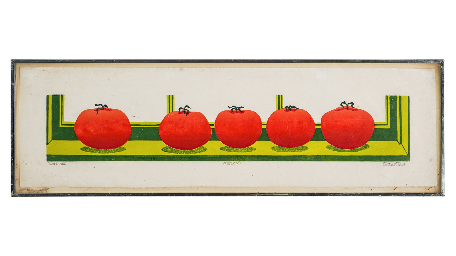Sabra Field (VT 1935-) Tomatoes: Sabra Field (Vermont 1935-) Tomatoes Woodblock on paper signed lower margin 198/300 sheet 9 x 31" 10.5 x 32 x 1" as framed. Sabra Field is one of Vermont's most revered and beloved artists/designers.