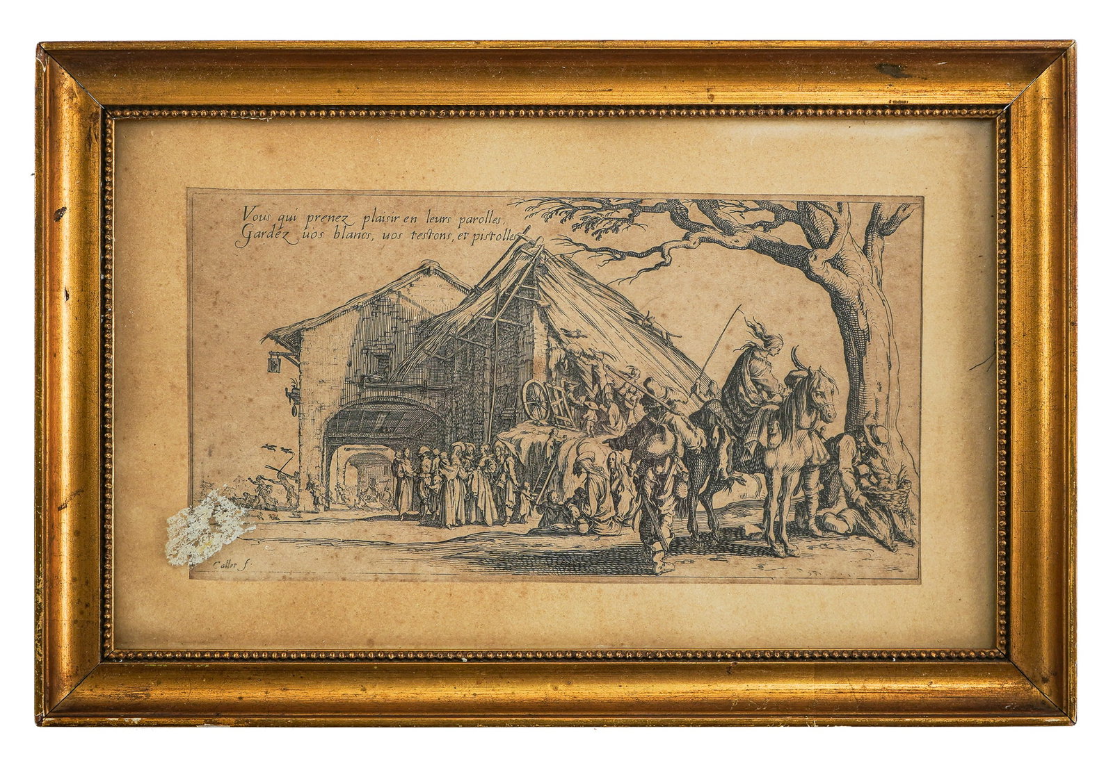 Jacques Callot (Lorraine 1592-1635) Les Bohemiens: Jacques Callot (Lorraine / France 1592-1635) plate from Les Bohemians - (The Gypsies-sic) engraving on paper. "Vous Prenez Plaisir en leurs paroles; Gardez Vous vos blancs, vos testons et pistols"