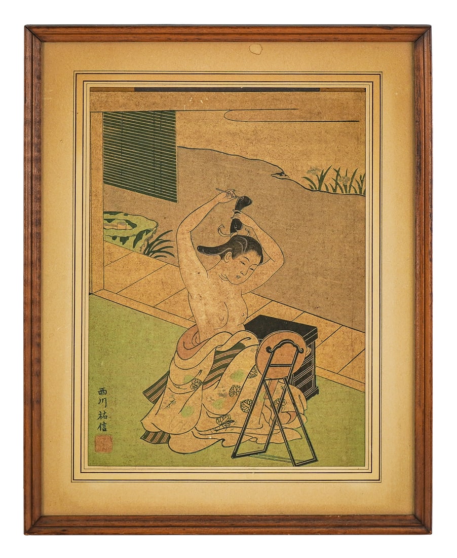Nishikawa Sukenobu (JP 1671-1751) Lady tying her hair.: Nishikawa Sukenobu (Japanese 1671-1751) Lady fixing her hair ukiyo-e woodblock print on paper, marked lower left in kanji. 11 x 8" 15 x 12 x 1" as framed