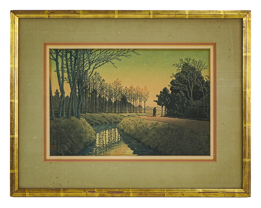 Hasui Kawase (JP 1883-1957) Tamiya Village, Saitama: Hasui Kawase (Japan 1883-1957) Tamiya Village , Saitama ukiyo-e woodblock print- plate 9.5 x 14" 16.5 x 21.5 x 1" as framed. Hasui traveled widely in Japan and his subjects consisted mostly of his