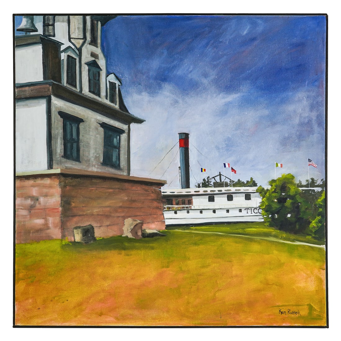 Ken Russack (VT 20th c ) Ticonderoga: Ken Russack (Vermont 20th c ) Ticonderoga and Colchester Reef Lighthouse- oil on canvas signed lower right 36 x 36 x 1" as presented Ken started his painting career as a freshman in high school under
