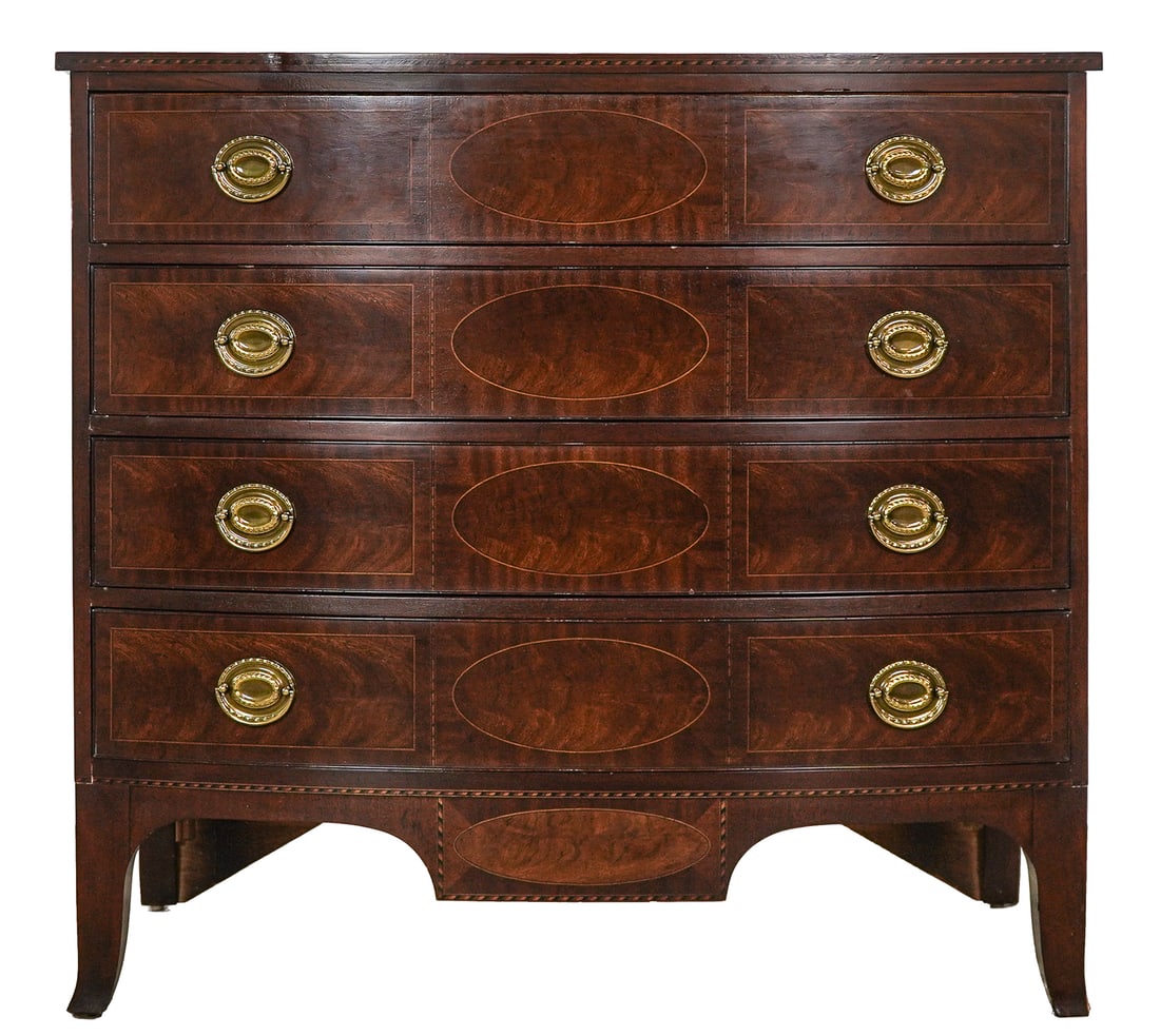 Baker Colonial Charleston Bowfront Chest: Baker Colonial Charleston Bowfront Chest with bright French polish some losses to front right foot.-38 x 41 x 22"
