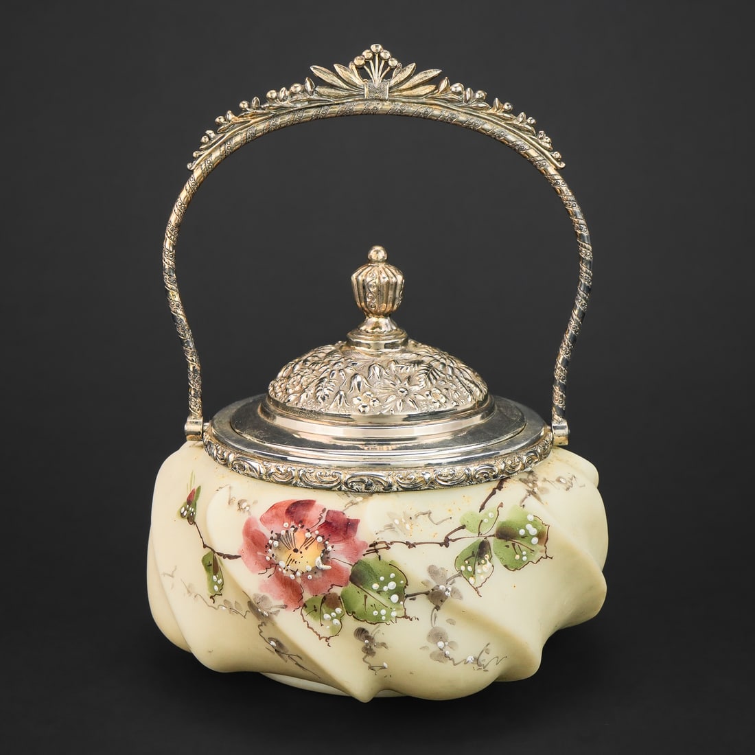 Wavecrest Victorian Art Glass Biscuit Jar: Late 19th c. C.F. Monroe Meriden, CT "Wavecrest" Victorian art glass biscuit jar having handpainted floral decoration and silverplated swing handle and lid, overall excellent condition 6" x 6" x 8.5"